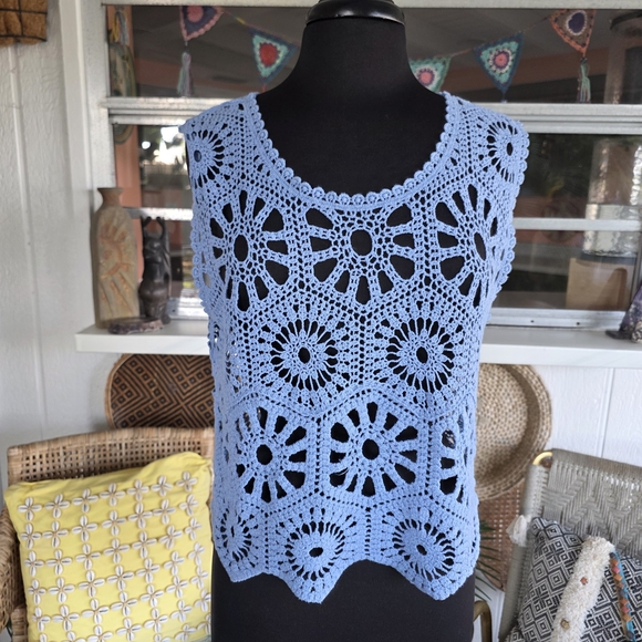 Cupshe Small Blue Crochet Tank Top Vacation Boho Chic Bohemian Sheer Knit - Picture 2 of 11
